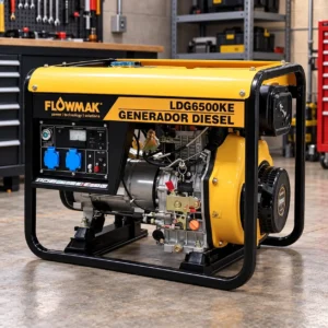 Vista detallada del panel de control con enchufes auxiliares del generador diesel Flowmak LDG6500KE