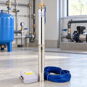 Visualización técnica de bomba de pozo profundo LEO sumergida en pozo operativo con flujo de agua activo.