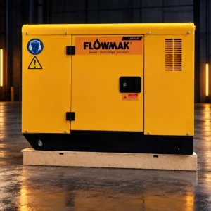 Detalle de cabina insonorizada y panel de conexiones del generador diésel Flowmak